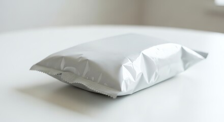 Empty silver foil snack bag on white surface