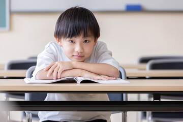 頬杖をついたカメラ目線の男の子
