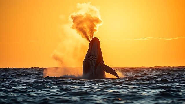 dovekie. A whale breaching the ocean surface at sunset with a plume of mist. inspiring travel planning, wildlife magazines, designed for wildlife conservation campaigns, used by project managers.