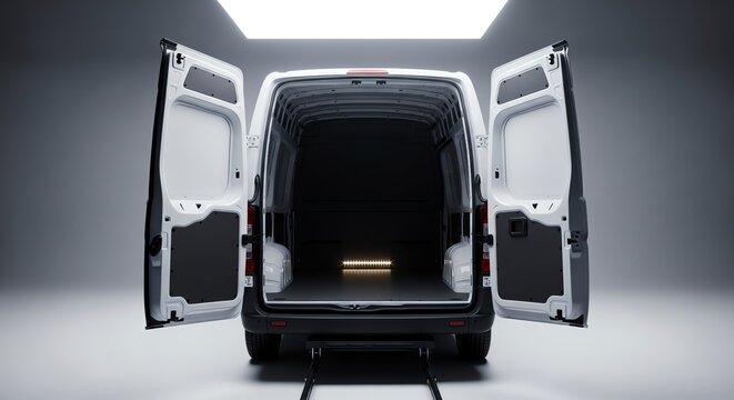 Empty white van interior with open doors