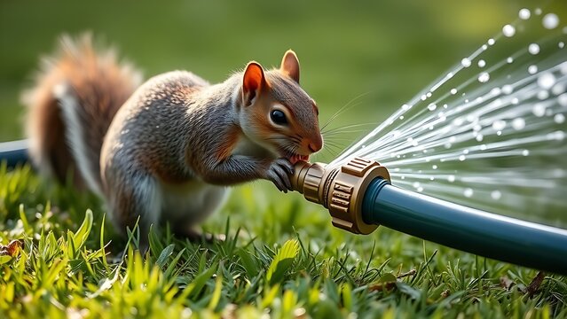 specious. A squirrel chewing on a garden hose with water spraying on the lawn. wildlife magazines, conservation campaigns, designed for eco-tourism storytelling, promotes animal welfare.