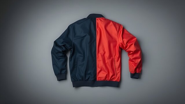 reversible. A reversible jacket lying on a plain surface, one side blue and the other red. lifestyle magazines, social media lookbooks, designed for lifestyle magazines and social media content.