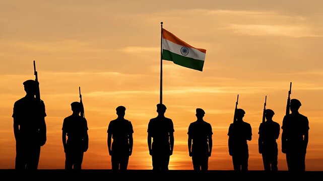 Silhouette of Indian soldiers standing with the flag of India at sunset.