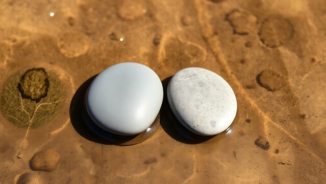 spandrel. Two smooth river stones resting on a sandy stream bed, natural textures. travel magazines, destination branding, designed for travel destination branding, used by management consultants.