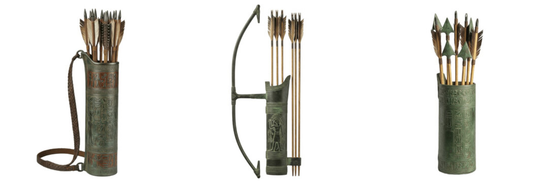 Set of ancient medieval archery equipment, realistic 3D illustration of a recurve bow and leather quivers full of wooden arrows isolated on white background.