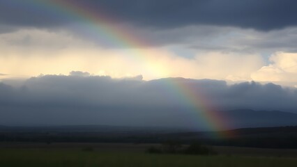 Naklejka premium apterygote. A rainbow arching over a landscape as dark clouds part to reveal clear sky. ESG reports, sustainability campaigns, designed for environmental awareness campaigns, used by professors.