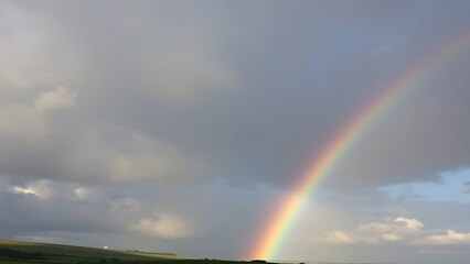 Naklejka premium apterygote. A rainbow arching over a landscape as dark clouds part to reveal clear sky. ESG reports, sustainability campaigns, designed for environmental awareness campaigns, used by professors.