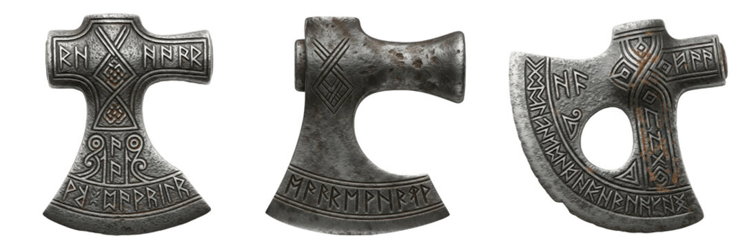 Set of ancient medieval iron axe heads with ornate engravings isolated on white background