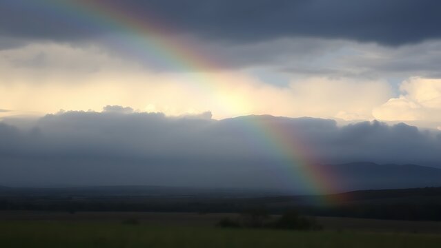 apterygote. A rainbow arching over a landscape as dark clouds part to reveal clear sky. ESG reports, sustainability campaigns, designed for environmental awareness campaigns, used by professors.
