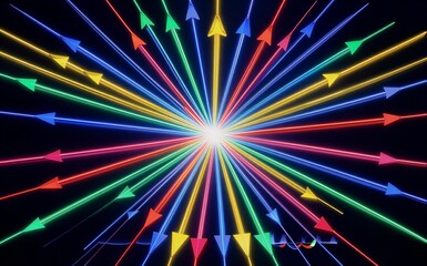 Vibrant rainbow arrows radiate outward from center, creating dynamic, colorful radial pattern.