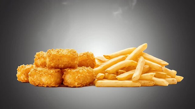 Unhealthy fast food snack of chicken nuggets and french fries on a grey background.