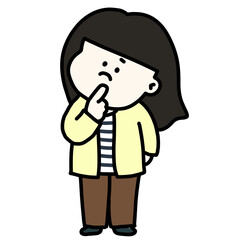 Fototapeta premium 困った・不安な・不満な表情で悩む若い女性 パステルイエローのカーディガン姿のイラスト