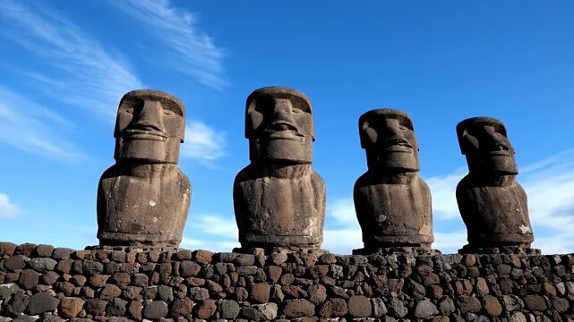 Ancient Moai statues on a stone platform on Easter Island under a clear blue sky.