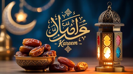 Ramadan Kareem greeting with dates and lantern