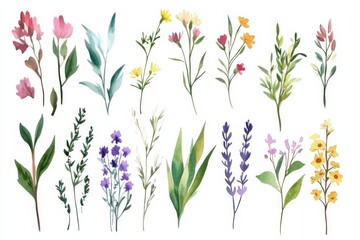 Hand drawn watercolor set featuring herbs, wildflowers and spices in various colors and shapes for design projects