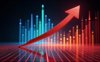 Neon red arrow surges upward through glowing data charts, symbolizing market growth and success.