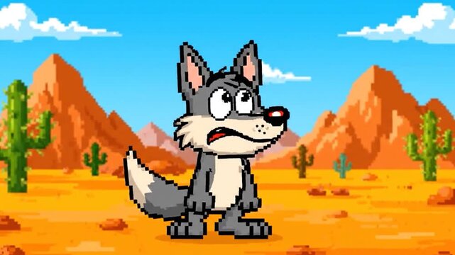 Pixelated image of cartoon coyote and bird in a desert landscape. Blue sky, clouds, and cacti