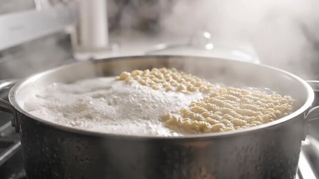 Boiling water and noodles in a pot food preparation culinary process close up