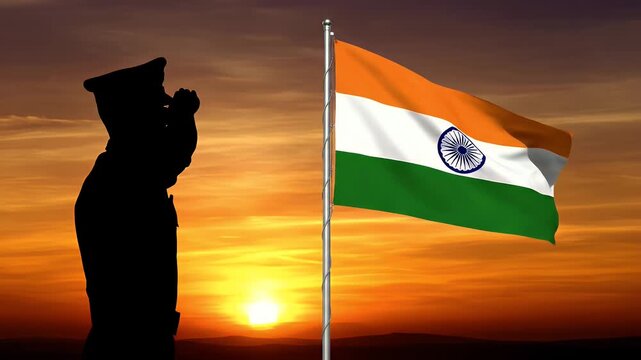 Silhouette of a soldier saluting the Indian flag against a beautiful sunset sky.
