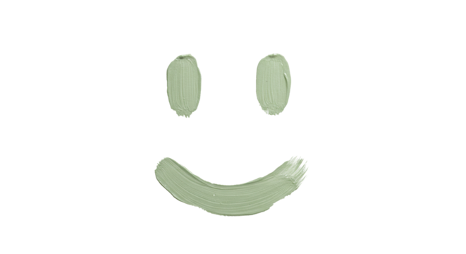 Abstract minimalist smiley face, three hand-painted sage green watercolor brushstrokes, visible granulation, centered on vast white background with copy space, concept of organic simplicity - Powered by Adobe