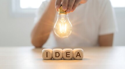 Hand holding glowing light bulb over wooden idea blocks on white table with soft lighting for business creativity concept