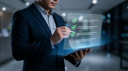 Business professional analyzing digital holographic data charts with futuristic technology in modern office environment