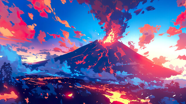 激しく噴火する火山のアニメ調のイラスト風景