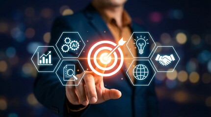 Business professional targeting success with digital marketing and global innovation icons on futuristic interface