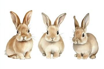 Fototapeta premium Collection of three brown rabbits in watercolor style on white background for art and design projects