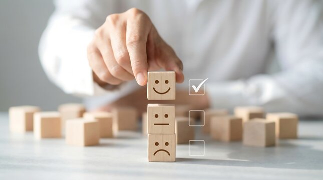 Hand placing wooden smiley face blocks on table showing positive negative emotions for mental health and teamwork concept