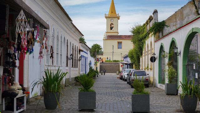 Street view with church in Morretes, Paran&aacute;, Brazil