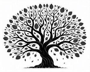 Large spreading tree with dense leaves and swirling branches in black and white stylized illustration for nature conservation art © Kohinoor