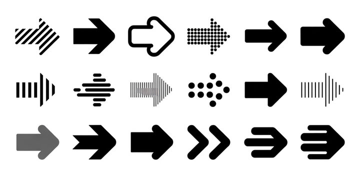 Black arrow icons set collection with different styles like solid outline dotted striped and feathered for directional navigation