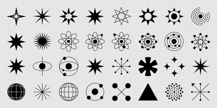 Assorted black icons featuring mid century modern symbols atomic shapes stars global wireframes geometric emblems logo set asset