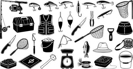 Fishing Gear and Equipment Collection Black and White Line Art Icons Set. Angling Tools, Tackle Box, Rod, Reel, Lures, Net, and Apparel for Outdoor Recreation. © melanie