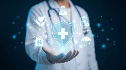 Doctor holding glowing healthcare shield with medical icons for protection and innovation in futuristic digital space