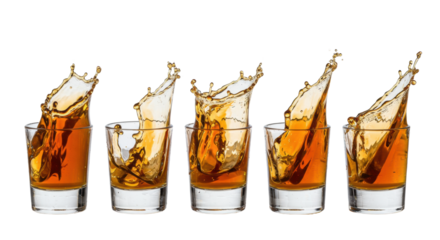 Six crystal-like glass shot cups with rich golden amber spirit splashing, frozen in ultra-high-speed, against a high-key white background. Concept for luxury beverage advertising