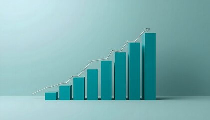 A teal-colored bar graph with a rising trend line on a light blue background