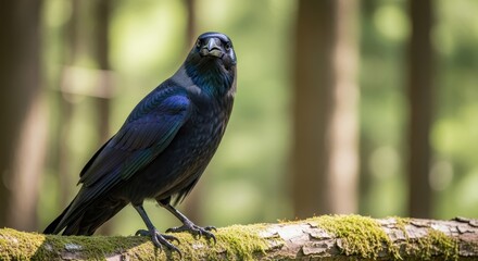 A focused crow perched on a mossy branch in the forest.