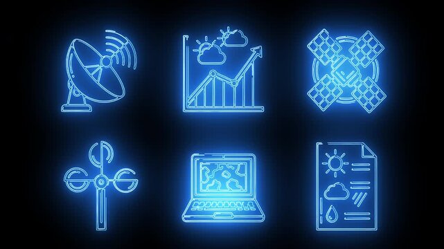 Neon-lit icons representing technology and data analysis on a black background with a futuristic glow.