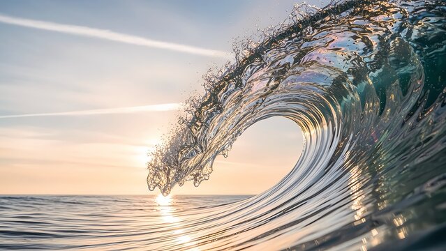 Ocean Wave Crashing at Sunset Seascape.