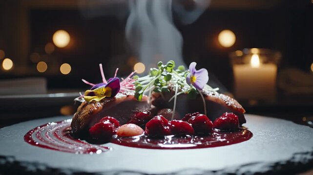 Gourmet dish presentation with culinary garnishes and artistic plating