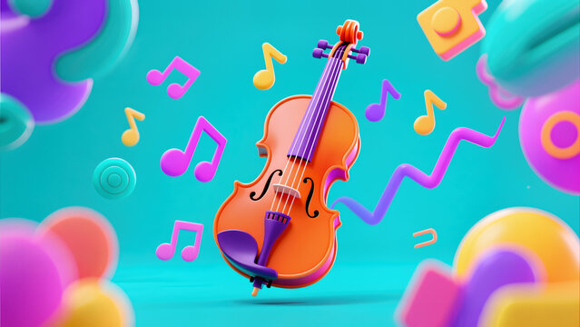 orange violin musical notes blue background artistic composition string instrument classical orchestra creative sound performance melodic design concept