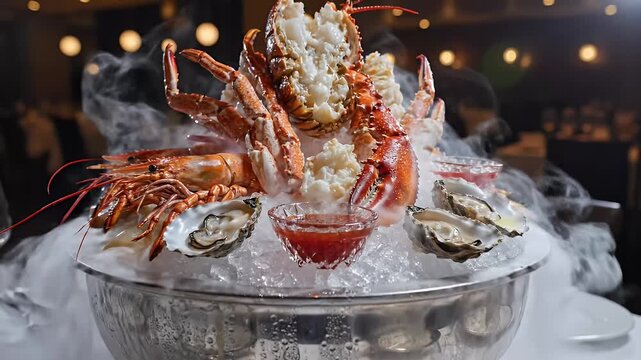Seafood platter presentation with ice and condiments