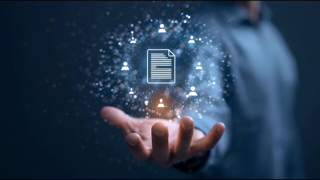 Man hand displaying staff and document icons symbolizing Business approval and idea validation concept.