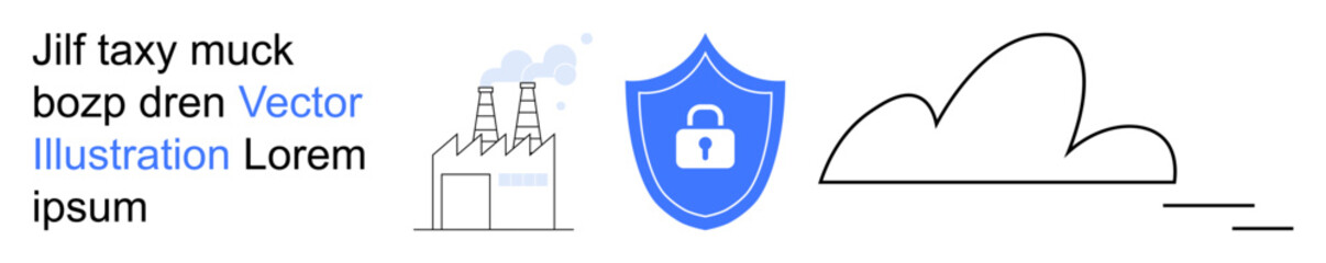 Data protection, industrial safety, cybersecurity, cloud storage, privacy, network security. A factory icon, security shield and cloud graphic. Cybersecurity and data protection