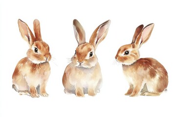 Collection of three cute brown rabbits in watercolour on white background for animal clipart designs © Kristina