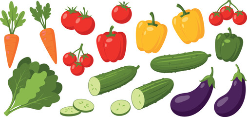 Fototapeta premium Fresh vegetables vector set with tomatoes, peppers, cucumbers, carrots, eggplants and leafy greens illustrations