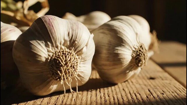 Garlic Bulbs on Wooden Surface.