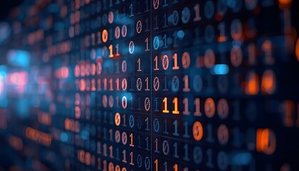 A close-up view of a digital wall displaying binary code in orange and blue lights